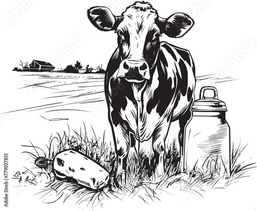Pastoral Pleasures Grass Farm Logo with Cow and Milk Can Creamery Charm Cow and Milk Can Vector Icon in Grass Farm Setting