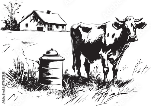 Bovine Bounty Cow and Milk Can Vector Logo on Vibrant Grass Rural Riches Grass Farm Icon featuring Cow and Milk Can