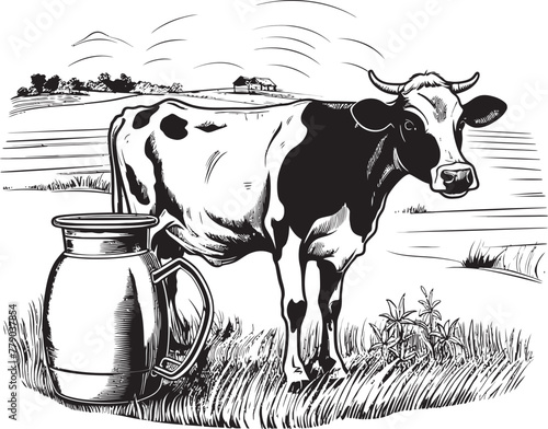 Moo Majesty Cow and Milk Can Logo Design on Grassy Field Organic Oasis Grass Farm Vector Logo with Cow and Milk Can