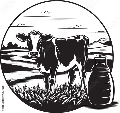 Dairy Delight Cow and Milk Can Emblem in Green Pastures Bovine Bounty Cow and Milk Can Vector Logo on Vibrant Grass
