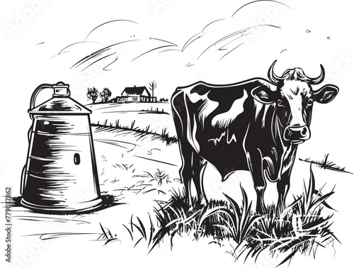 Wholesome Harmony Cow and Milk Can Emblem in Vector Logo Moo licious Meadows Cow and Milk Can Vector Design on Lush Grass