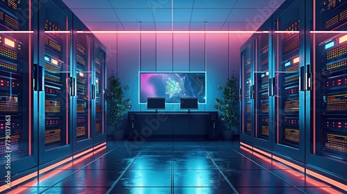 Flat graphic image of a hosting company featuring servers and computers. Generative AI. photo