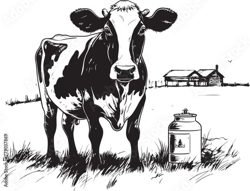 Meadow Milk Marvel Cow with Milk Can Emblem Bovine Bounty Grass Farm Vector Logo with Dairy Cow