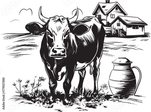 Verdant Valley Vision Grass Farm Logo with Cow and Milk Can Dairy Dreamland Cow and Milk Can Vector Icon in Meadow