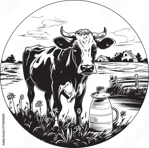 Bountiful Bovine Bounty Grass Farm Icon with Abundant Cow and Milk Can Fresh Farm Flavors Cow and Milk Can Vector Design in Fresh Field