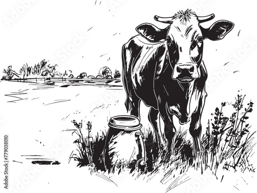 Dairy Delights Grass Farm Vector Logo with Joyful Cow and Milk Can Pasture Perfection Cow and Milk Can Emblem in Pristine Pasture
