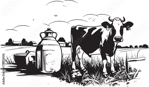 Tranquil Dairy Retreat Grass Farm Logo with Cow and Milk Can in Tranquility Green Pasture Paradise Cow and Milk Can Vector Icon in Verdant Pastures