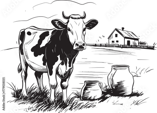 Meadow Melodies Grass Farm Vector Logo with Harmonious Cow and Milk Can Blissful Bovine Haven Cow and Milk Can Emblem in Blissful Haven