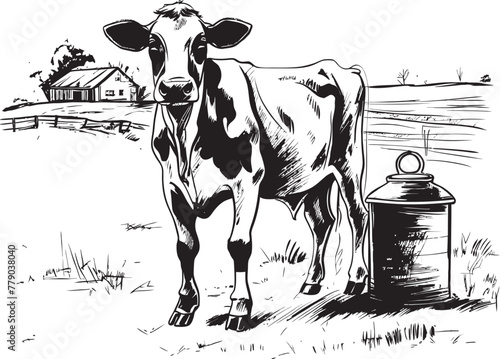 Fresh Farm Flavors Cow and Milk Can Vector Design in Fresh Field Tranquil Dairy Retreat Grass Farm Logo with Cow and Milk Can in Tranquility