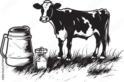 Rural Riches Milk Can Grass Farm Vector Design Organic Oasis Cow with Milk Can Grass Farm Icon