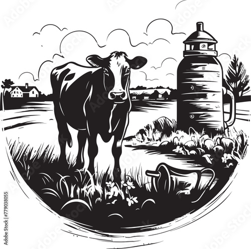 Blissful Bovine Haven Cow and Milk Can Emblem in Blissful Haven Sunny Dairy Sanctuary Grass Farm Icon with Cow and Milk Can under the Sun
