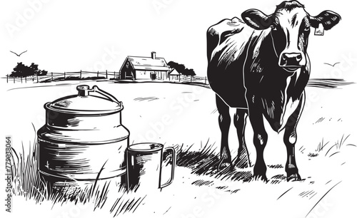 Sunny Dairy Sanctuary Grass Farm Icon with Cow and Milk Can under the Sun Lush Meadows Dairy Cow and Milk Can Vector Design in Luxuriant Meadows