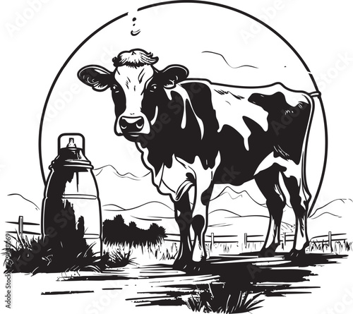 Moo Magic Grass Farm Vector Logo with Bovine Companion Dairy Dreamland Cow with Milk Can Emblem