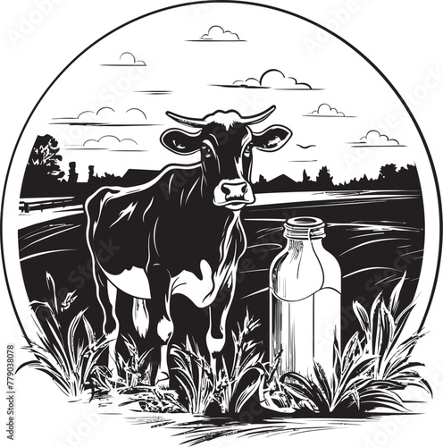 Organic Oasis Cow with Milk Can Grass Farm Icon Moo Magic Grass Farm Vector Logo with Bovine Companion