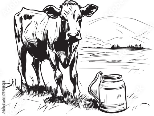 Utterly Delicious Milk Can Grass Farm Vector Logo Grazing Goodness Cow with Milk Can Icon