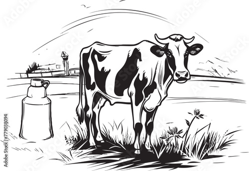 Dairy Dreamland Cow with Milk Can Emblem Utterly Delicious Milk Can Grass Farm Vector Logo