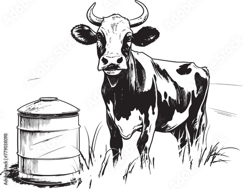 Farm Fresh Bovine Milk Can Grass Farm Vector Design Moo Magic Cow with Milk Can Logo Icon