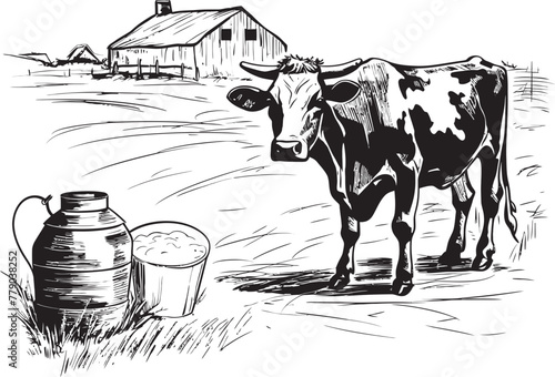 Pastoral Perfection Grass Farm Vector Logo with Cow Bountiful Bovine Bounty Milk Can Grass Farm Icon