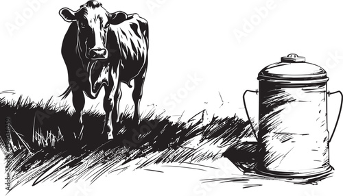 Creamy Countryside Milk Can Grass Farm Vector Logo Pastoral Perfection Grass Farm Vector Logo with Cow