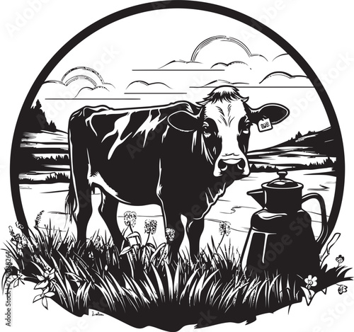 Moo licious Pastures Grass Farm Vector Logo with Dairy Cow Dairy Delight Cow with Milk Can Emblem