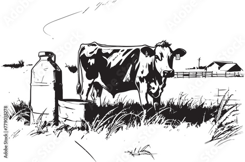 Dairy Delight Cow with Milk Can Emblem Creamy Countryside Milk Can Grass Farm Vector Logo