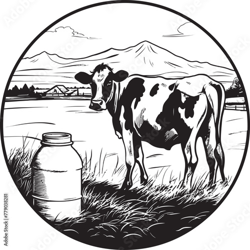 Moo Magic Cow with Milk Can Emblem Bovine Bounty Milk Can Grass Farm Vector Design
