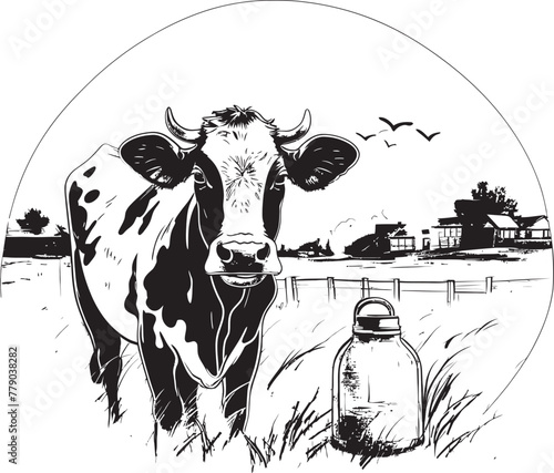 Rustic Creamery Grass Farm Vector Logo with Dairy Cow Utterly Delicious Cow with Milk Can Emblem