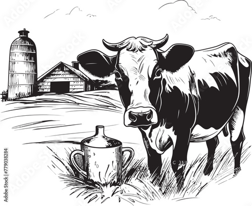 Bovine Bounty Milk Can Grass Farm Vector Design Rustic Creamery Grass Farm Vector Logo with Dairy Cow