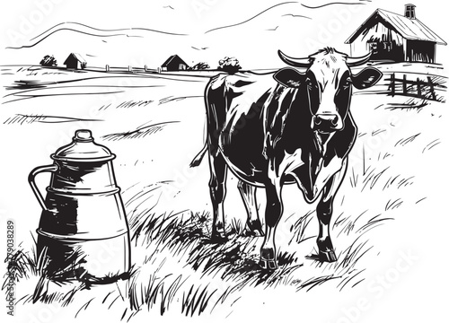 Utterly Delicious Cow with Milk Can Emblem Grazing Goodness Milk Can Grass Farm Vector Logo