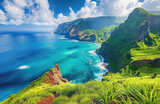A panoramic view of the green cliffs and ocean on Madeira, with blue sky and white clouds overhead