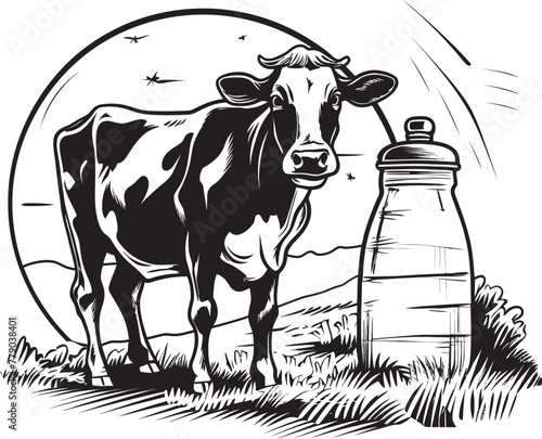 Utterly Delicious Cow with Milk Can Emblem Grazing Goodness Milk Can Grass Farm Vector Logo