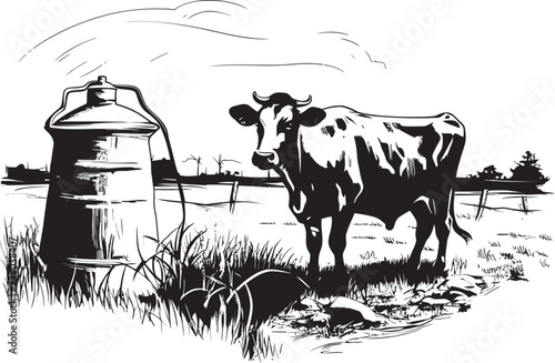 Utterly Delicious Milk Can Grass Farm Logo Design with Cow Meadow Milk Marvel Cow with Milk Can Grass Farm Icon