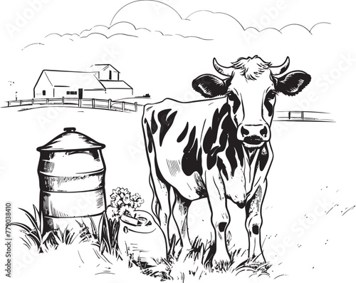 Dairy Dreamland Grass Farm Vector Logo with Dairy Cow Green Grazing Galore Cow with Milk Can Emblem