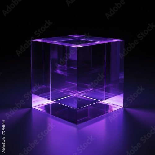 Violet glass cube abstract 3d render, on black background with copy space minimalism design for text or photo backdrop 
