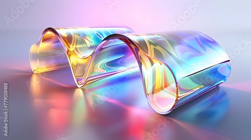 Mesmerizing Light-Emitting Glass Sculpture with Vibrant Holographic Gradient Waves and Texture