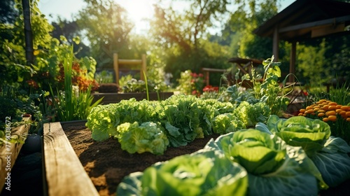 A photo of a backyard vegetable and herb garden.