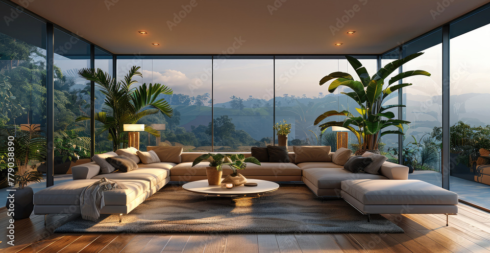 Fototapeta premium Minimalist modern living room with houseplants and a stunning view at dawn. Generative AI.