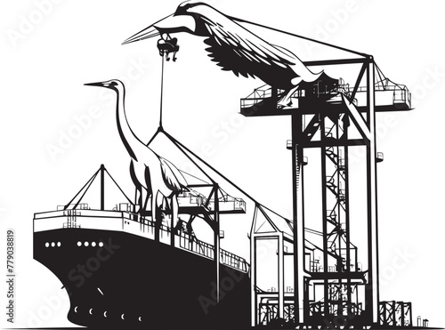 Vessel Ventures Industrial Cargo Ship Loading Crane Emblem Design Oceanic Operations Crane Loading to Cargo Ship Vector Icon