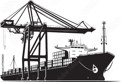 Seaborne Strategies Industrial Cargo Ship Loading Crane Logo Design Dockside Dynamos Crane Loading to Cargo Ship Vector Emblem