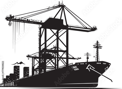 Cargo Commanders Industrial Cargo Ship Loading Crane Icon Design Port Pioneers Crane Loading to Cargo Ship Vector Logo