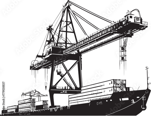 Port Pioneers Crane Loading to Cargo Ship Vector Icon Design Harbor Heralds Industrial Cargo Ship Loading Crane Logo Emblem