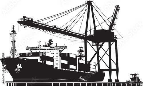 Harbor Heralds Industrial Cargo Ship Loading Crane Logo Emblem Oceanic Operators Crane Loading to Cargo Ship Vector Design