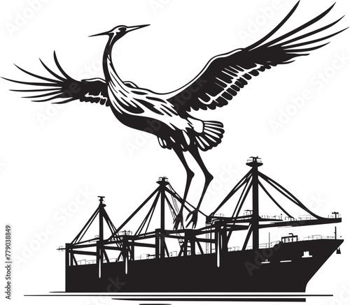Nautical Navigators Industrial Cargo Ship Loading Crane Icon Dockside Dynamos Crane Loading to Cargo Ship Vector Emblem Design