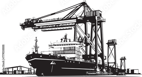 Port Pioneers Industrial Cargo Ship Loading Crane Logo Design Vessel Vanguards Crane Loading to Cargo Ship Vector Icon