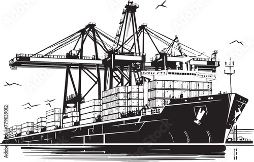 Dockside Dominance Crane Loading to Cargo Ship Vector Logo Cargo Commanders Industrial Cargo Ship Loading Crane Icon Design