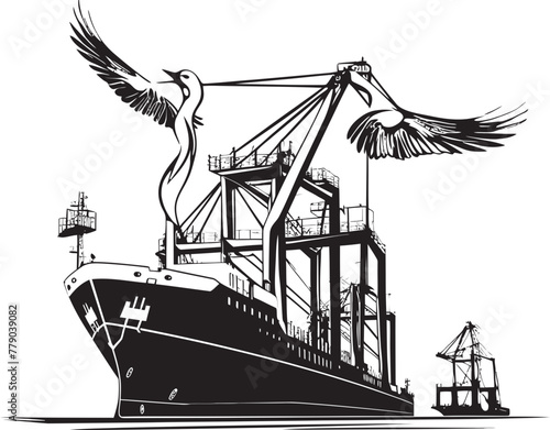 Harbor Heroes Industrial Cargo Ship Loading Crane Icon Maritime Mavericks Crane Loading to Cargo Ship Vector Emblem Design