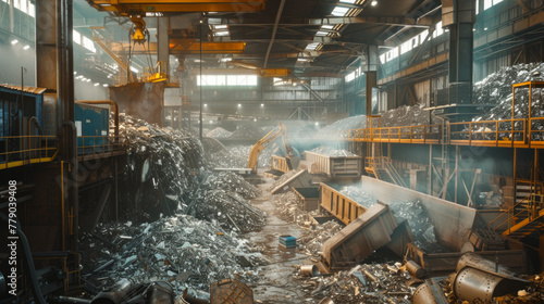 A bustling metal recycling facility with sorting lines and melting furnaces, momentarily still but ready to recycle metal waste into reusable materials photo