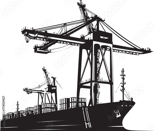 Port Protectors Industrial Ship Loading Emblem Vessel Vigilance Crane Loading to Cargo Ship Logo Design
