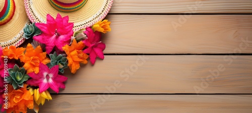 Cinco de Mayo wooden background with sombrero and colorful flowers