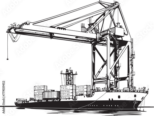 Dockside Dynamos Industrial Ship Loading Logo Icon Maritime Movement Crane Loading to Cargo Ship Vector Design
